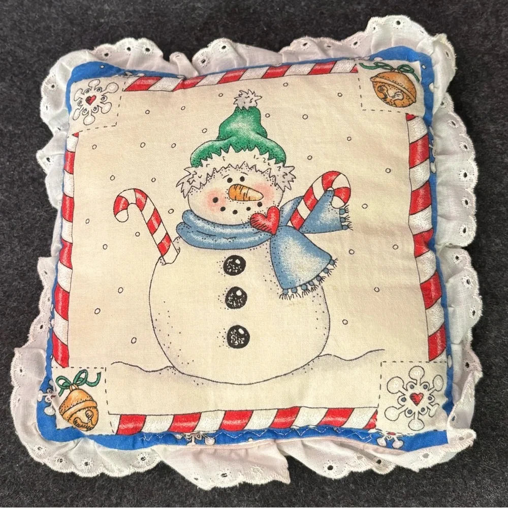 Small Holiday Snowman Pillow with Red, Blue and Green Accents